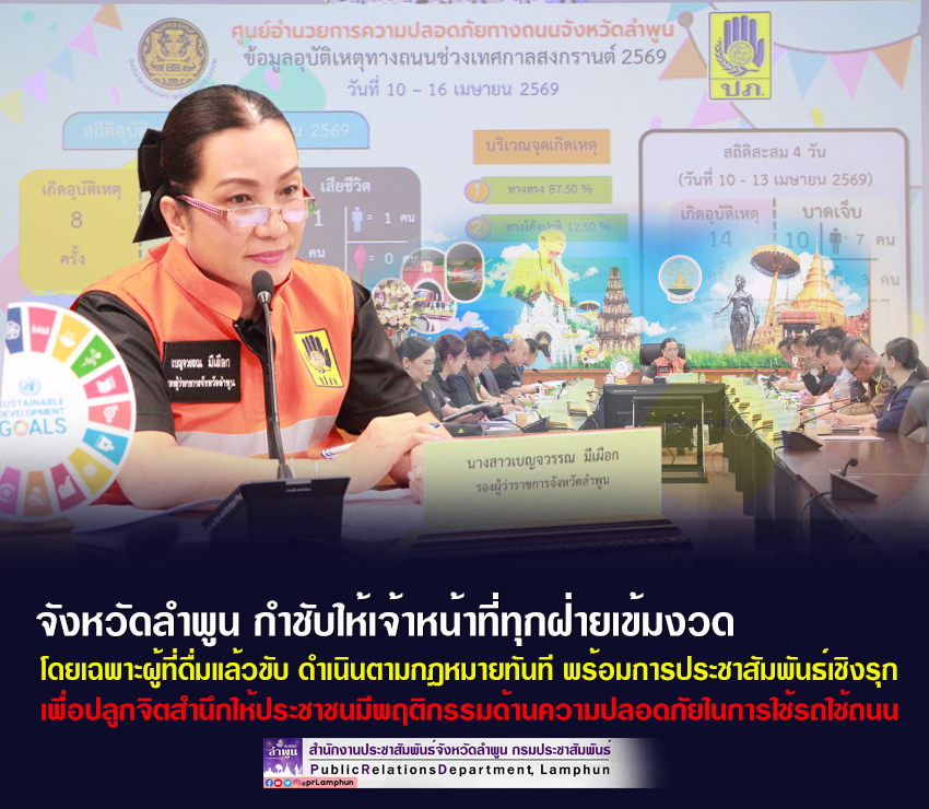 จังหวัดลำพูน กำชับให้เจ้าหน้าที่ทุกฝ่ายเข้มงวด โดยเฉพาะผู้ที่ดื่มแล้วขับ ดำเนินตามกฎหมายทันที