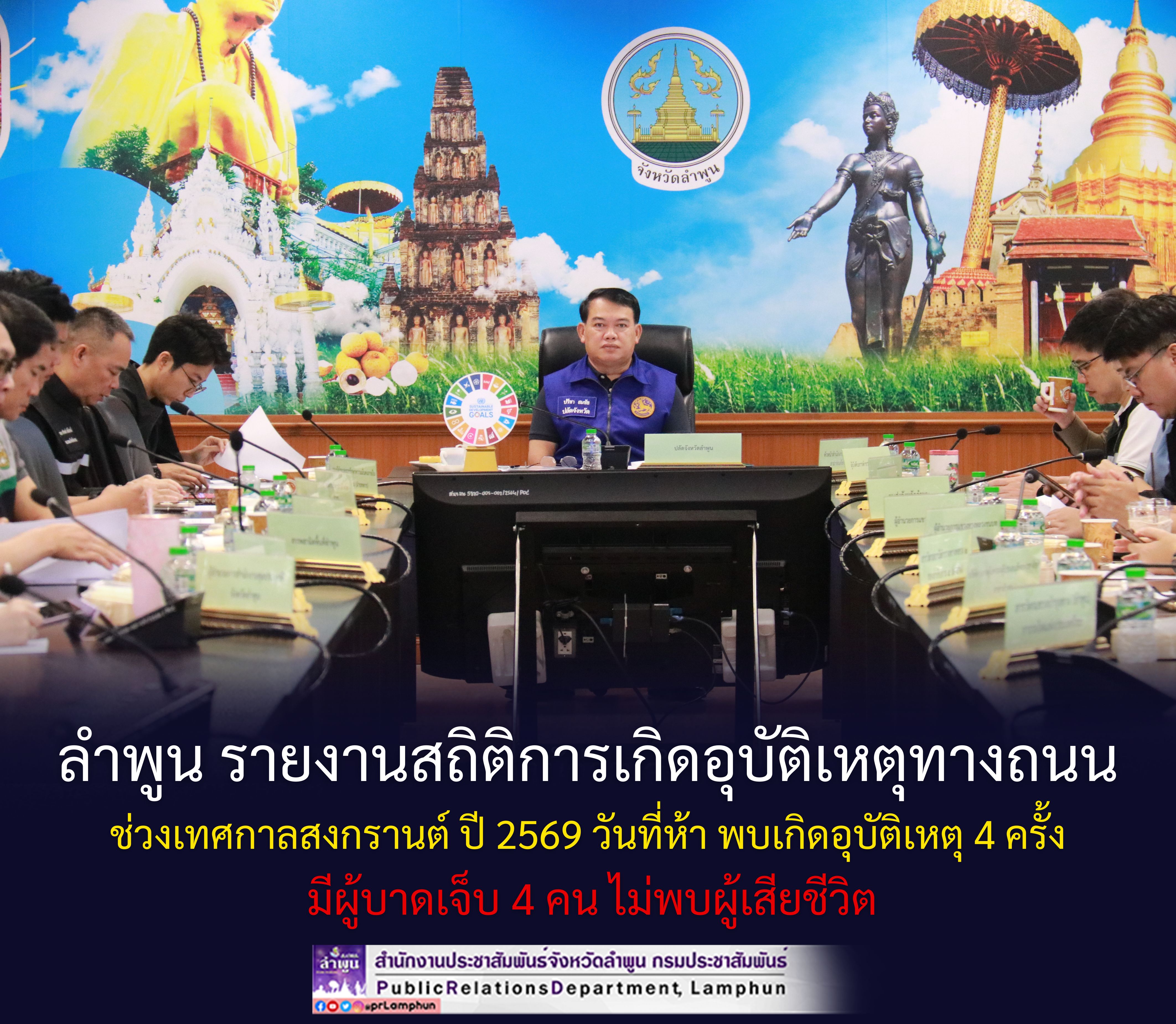 ลำพูน รายงานสถิติการเกิดอุบัติเหตุทางถนนช่วงเทศกาลสงกรานต์ ปี 2569 วันที่ห้า พบเกิดอุบัติเหตุ 4 ครั้ง มีผู้บาดเจ็บ 4 คน ไม่พบผู้เสียชีวิต&nbsp;