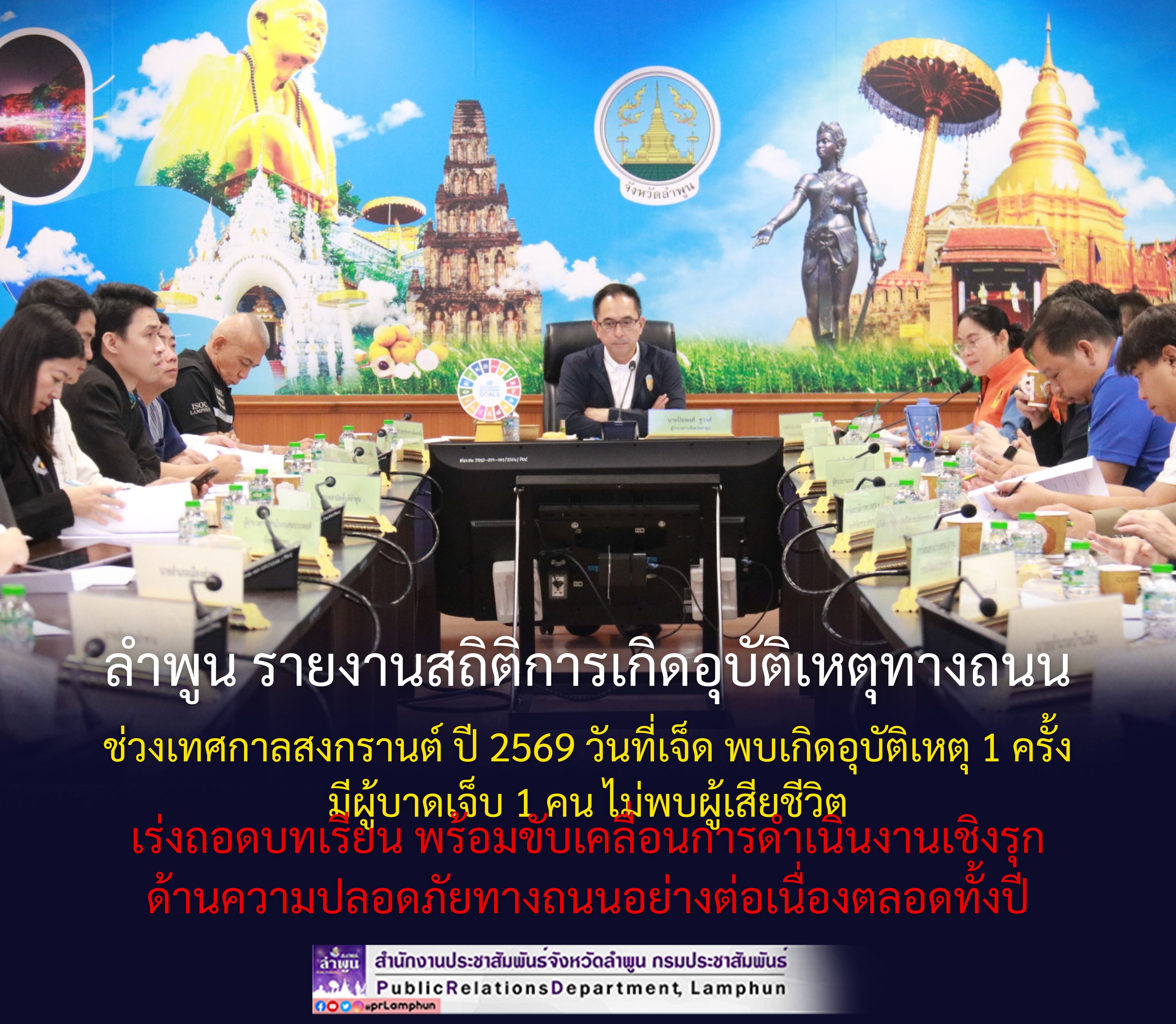 ลำพูน รายงานสถิติการเกิดอุบัติเหตุทางถนนช่วงเทศกาลสงกรานต์ ปี 2569 วันที่เจ็ด พบเกิดอุบัติเหตุ 1 ครั้ง มีผู้บาดเจ็บ 1 คน ไม่พบผู้เสียชีวิต เร่งถอดบทเรียน พร้อมขับเคลื่อนการดำเนินงานเชิงรุกด้านความปลอดภัยทางถนนอย่างต่อเนื่องตลอดทั้งปี