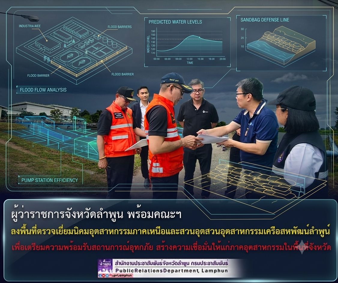 ผู้ว่าราชการจังหวัดลำพูน พร้อมคณะฯ ลงพื้นที่ตรวจเยี่ยมนิคมอุตสาหกรรมภาคเหนือและสวนอุตสวนอุตสาหกรรมเครือสหพัฒน์ลำพูน เพื่อเตรียมความพร้อมรับสถานการณ์อุทกภัย